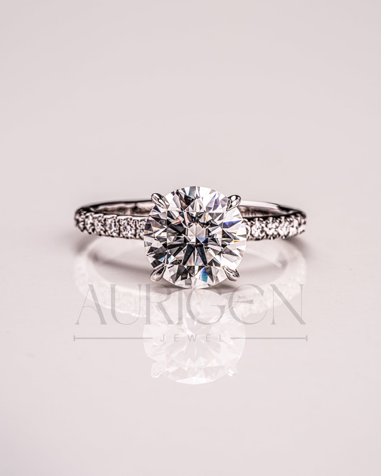 White Gold Round Cut Lab Grown and Moissanite Diamond Ring With Pave