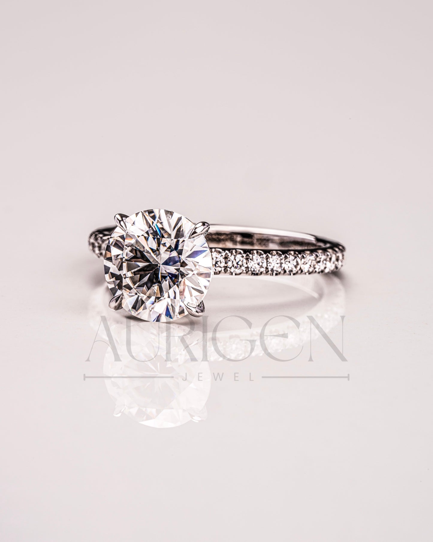 White Gold Round Cut Lab Grown and Moissanite Diamond Ring With Pave