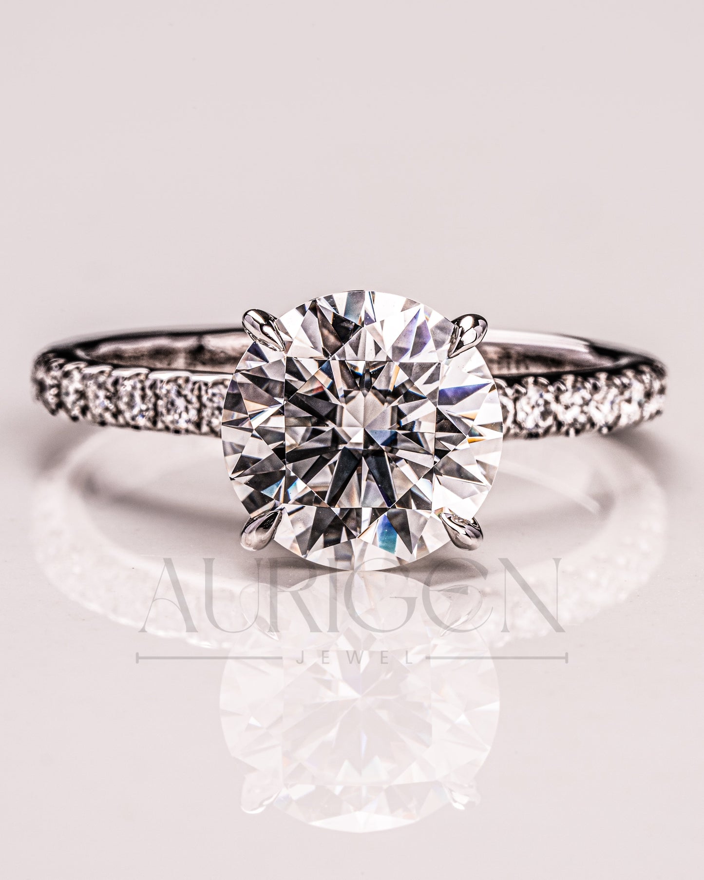 White Gold Round Cut Lab Grown and Moissanite Diamond Ring With Pave