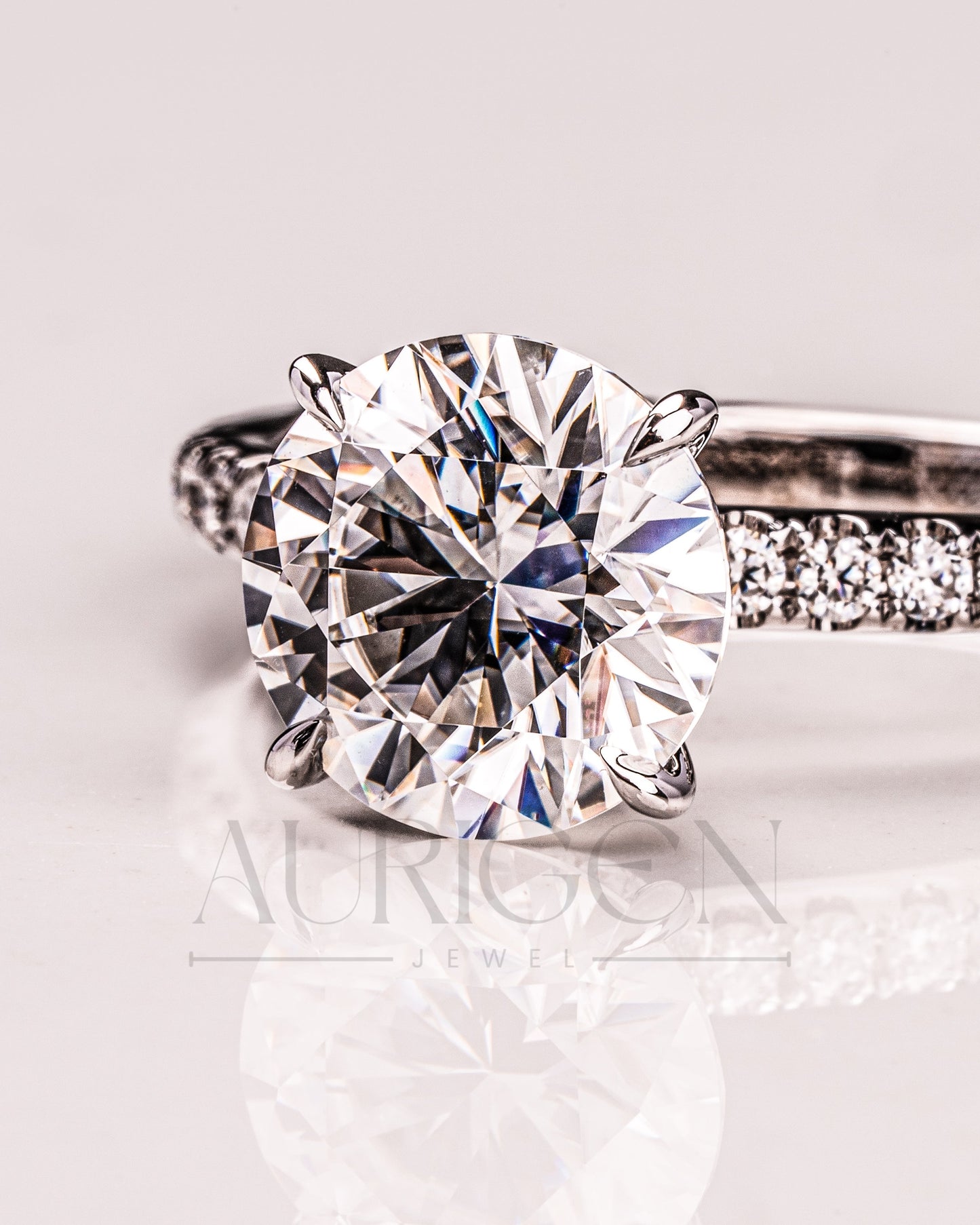 White Gold Round Cut Lab Grown and Moissanite Diamond Ring With Pave