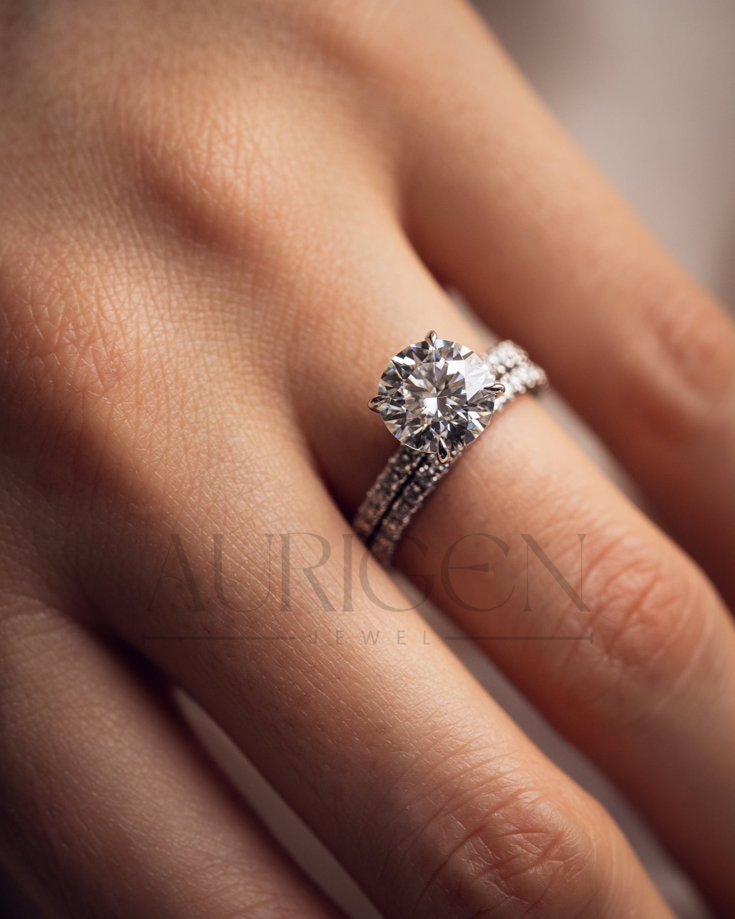 White Gold Round Cut Lab Grown and Moissanite Diamond Ring With Pave