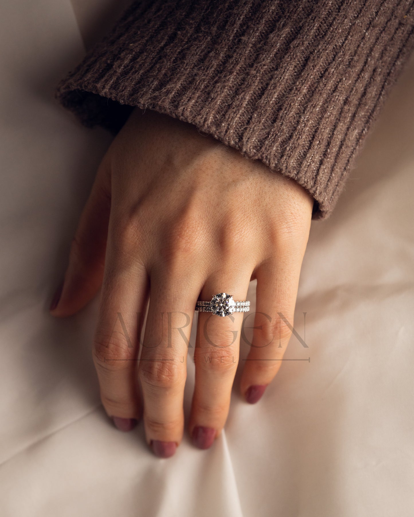 White Gold Round Cut Lab Grown and Moissanite Diamond Ring With Pave