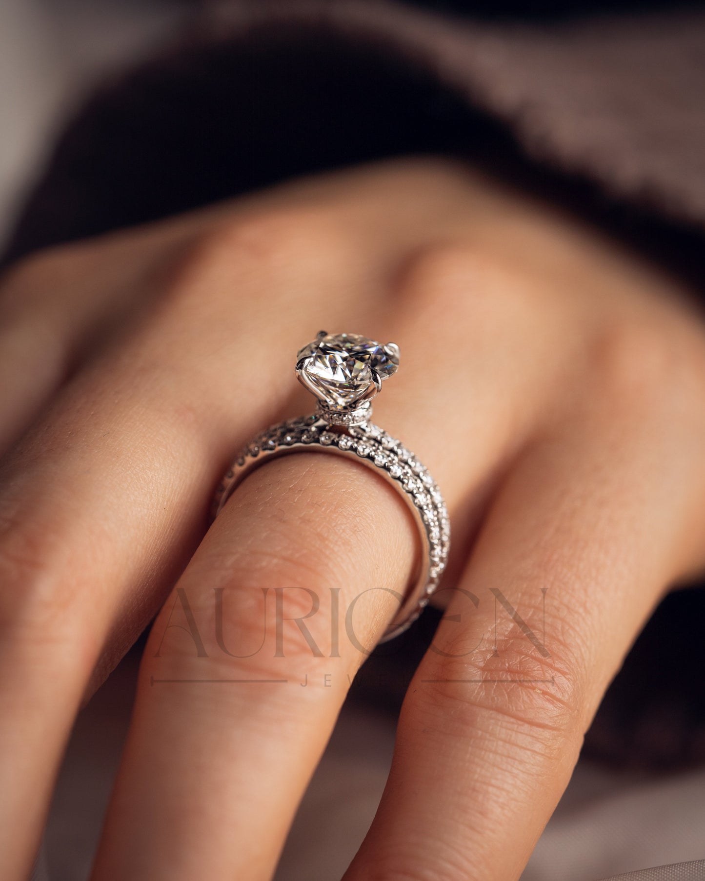 White Gold Round Cut Lab Grown and Moissanite Diamond Ring With Pave