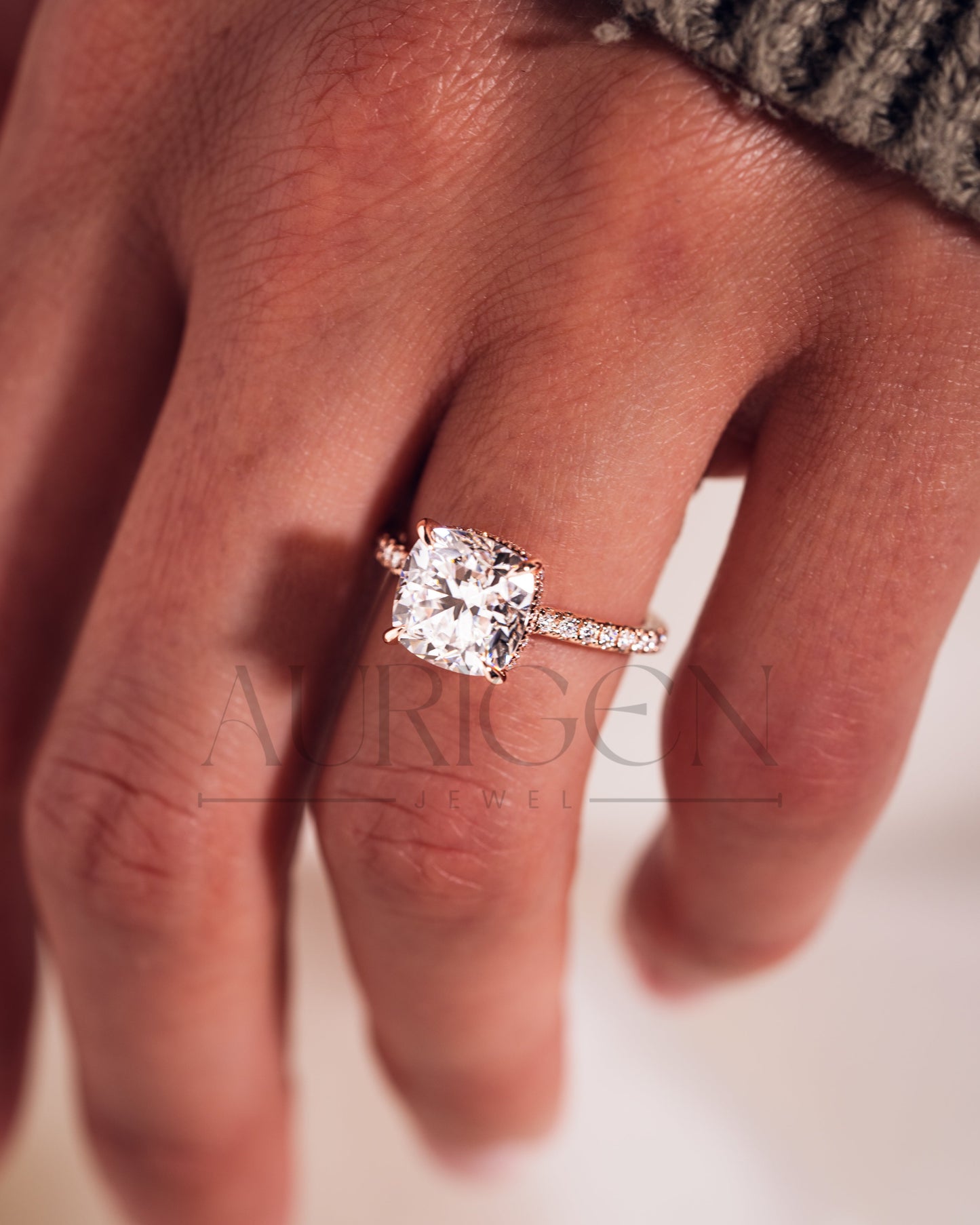 18k Rose Gold Cushion Cut Moissanite and Leb Engagement Ring Halo With Pave Diamond Ring