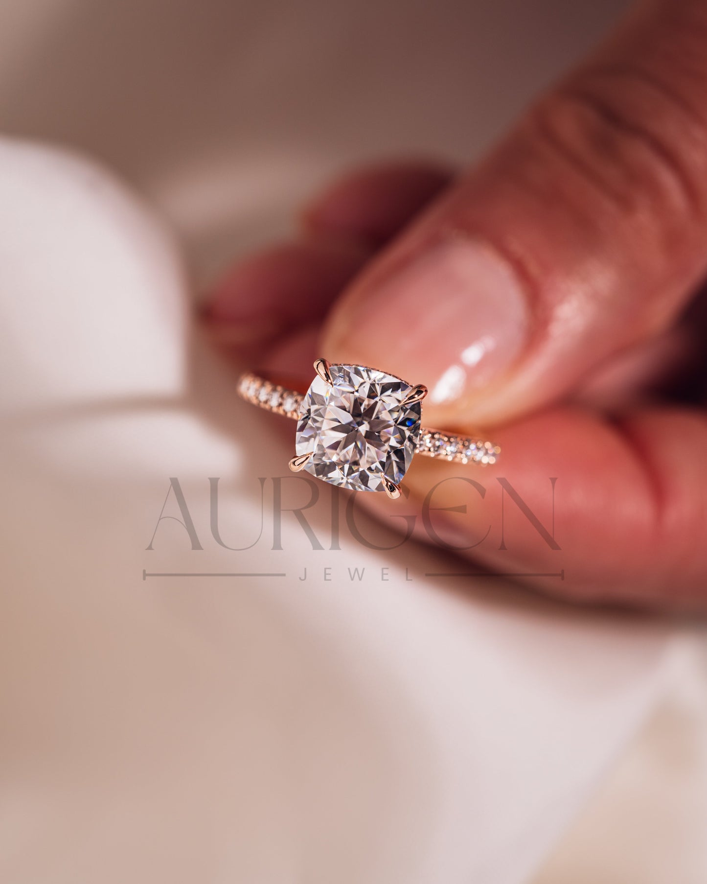 18k Rose Gold Cushion Cut Moissanite and Leb Engagement Ring Halo With Pave Diamond Ring