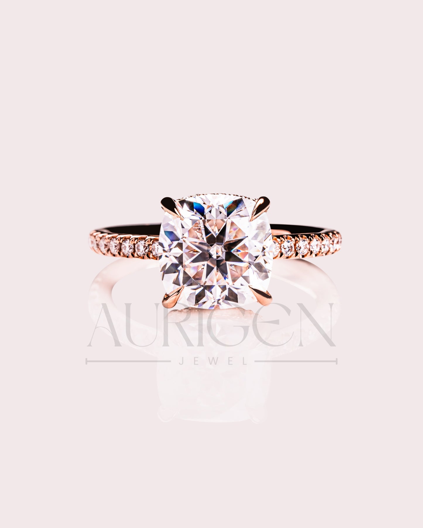 18k Rose Gold Cushion Cut Moissanite and Leb Engagement Ring Halo With Pave Diamond Ring