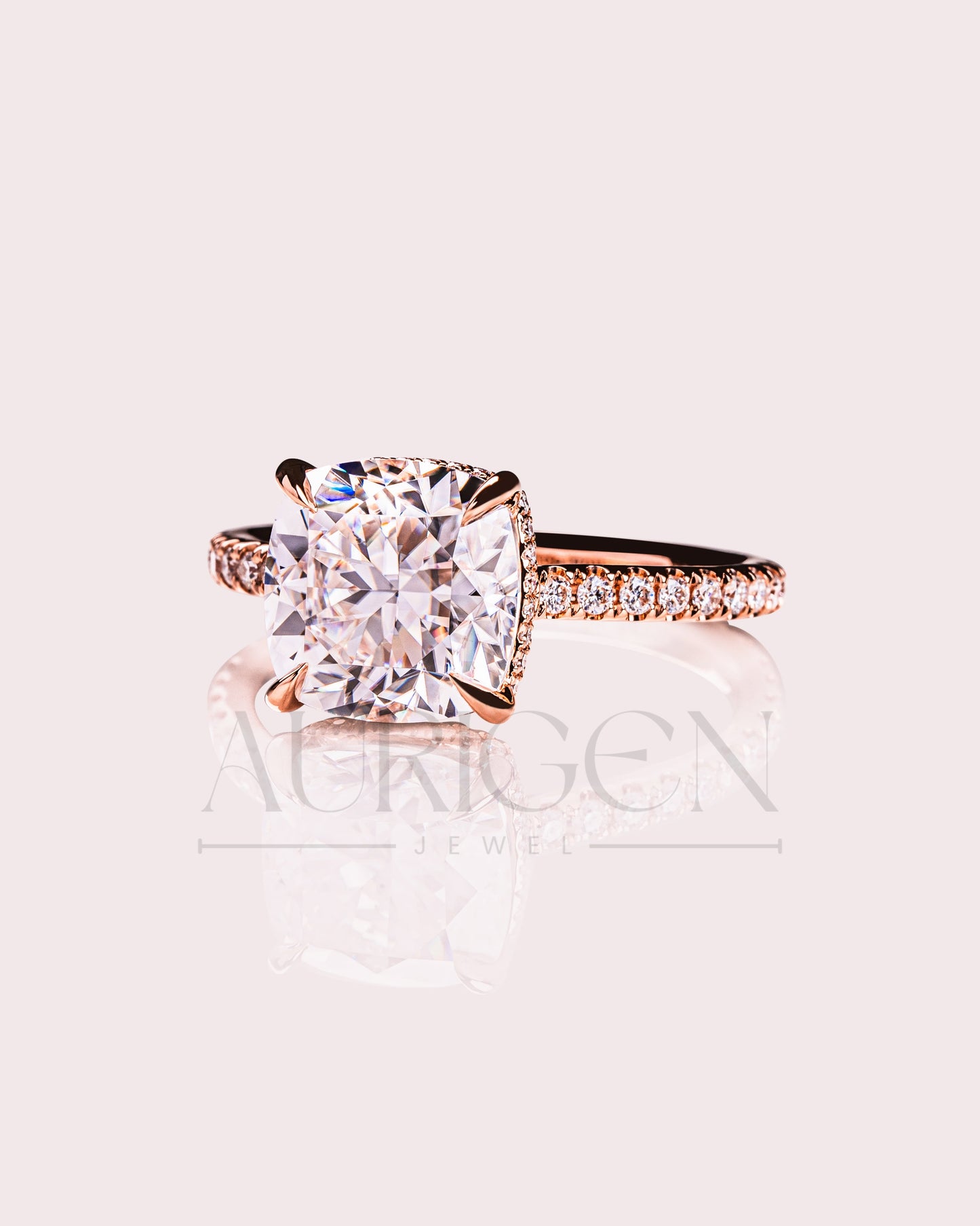 18k Rose Gold Cushion Cut Moissanite and Leb Engagement Ring Halo With Pave Diamond Ring