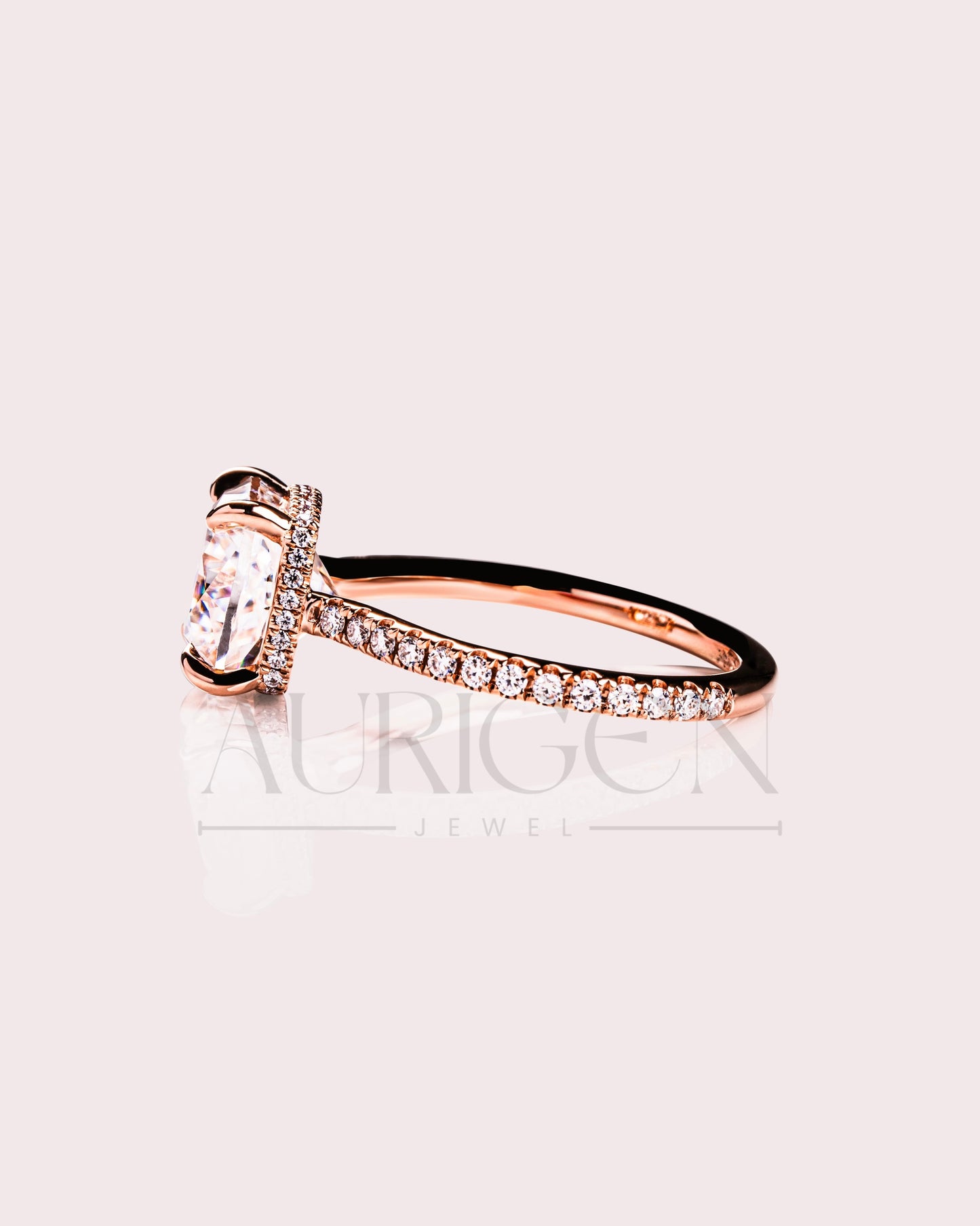 18k Rose Gold Cushion Cut Moissanite and Leb Engagement Ring Halo With Pave Diamond Ring