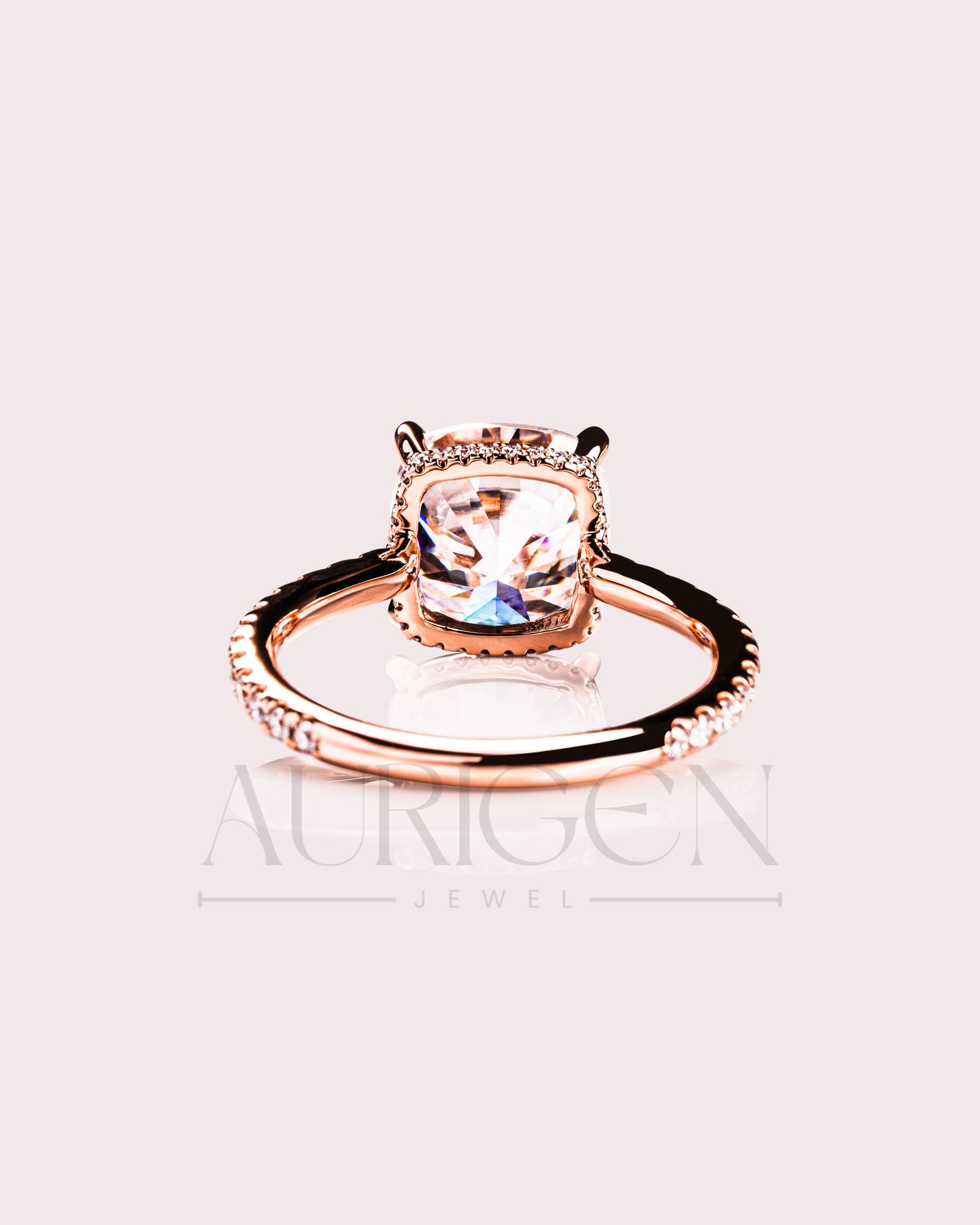 18k Rose Gold Cushion Cut Moissanite and Leb Engagement Ring Halo With Pave Diamond Ring