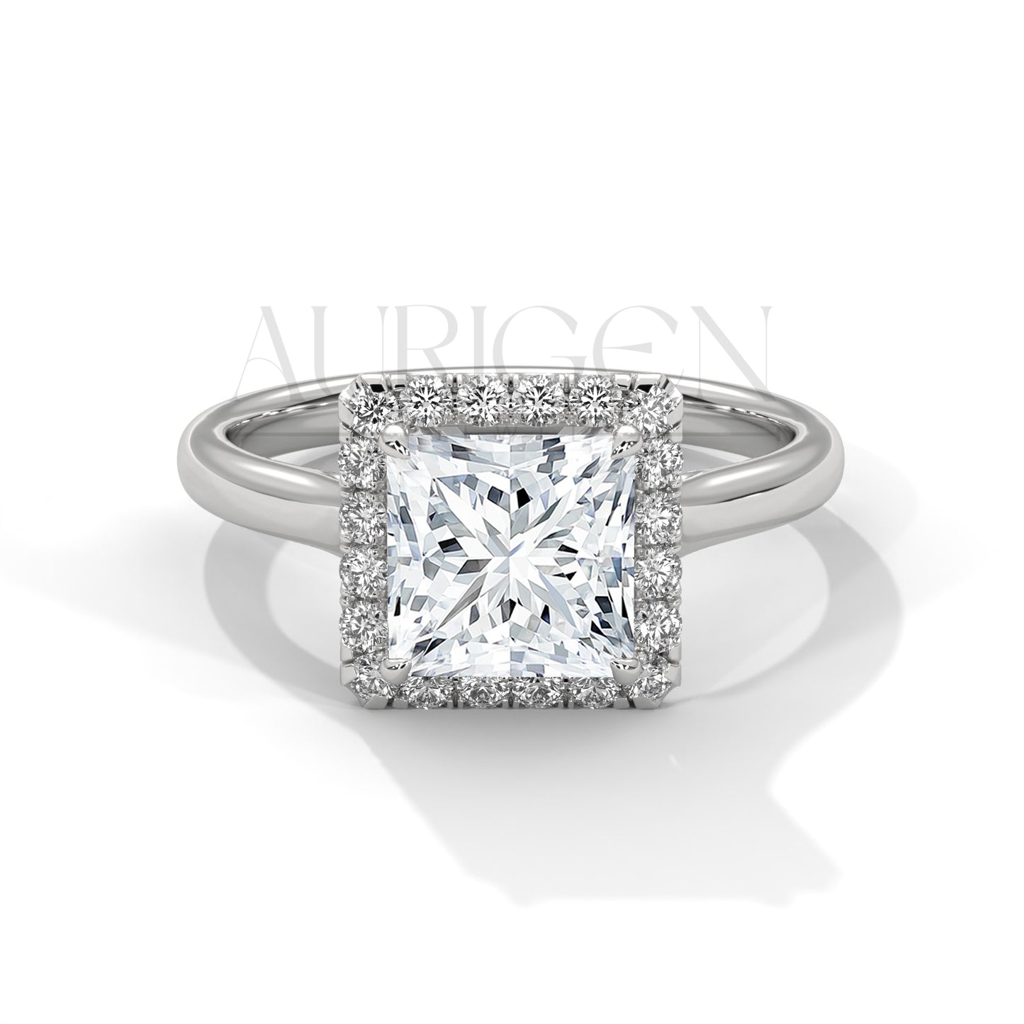 Princess Cut Halo Engagement Ring with Round Diamonds in 14K Solid Gold