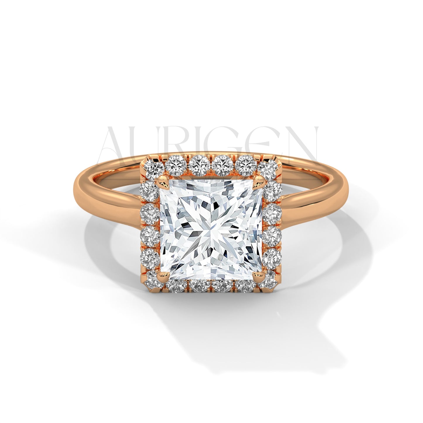 Princess Cut Halo Engagement Ring with Round Diamonds in 14K Solid Gold