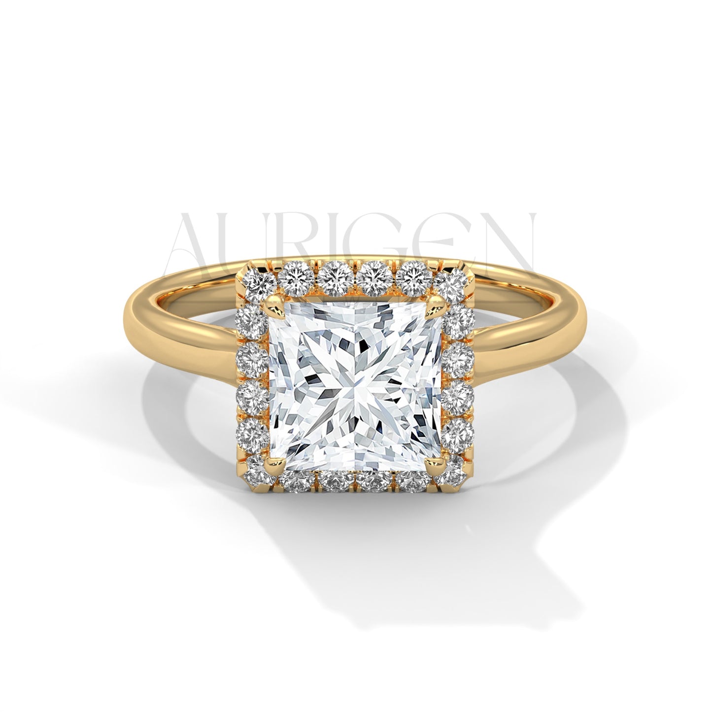 Princess Cut Halo Engagement Ring with Round Diamonds in 14K Solid Gold