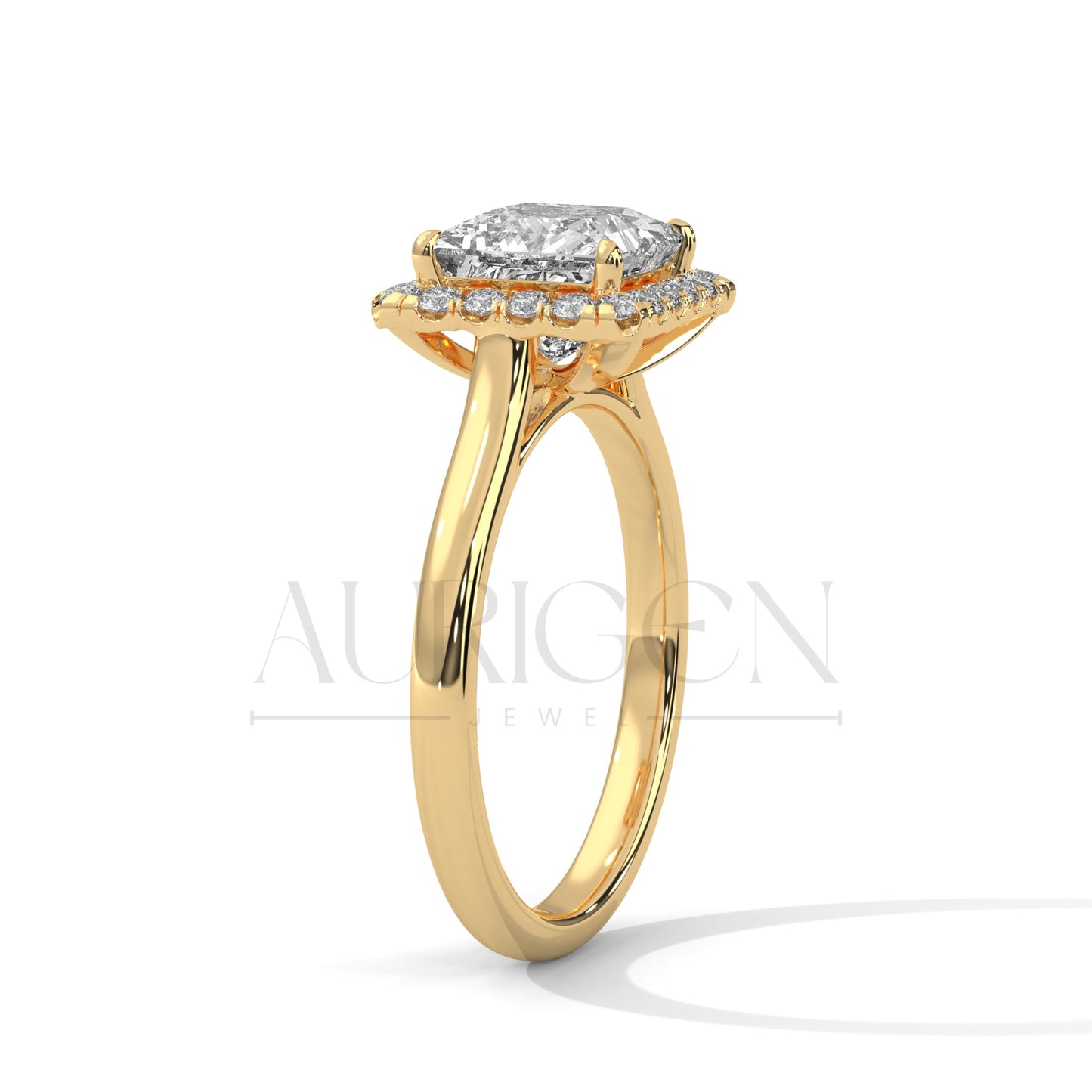 Princess Cut Halo Engagement Ring with Round Diamonds in 14K Solid Gold