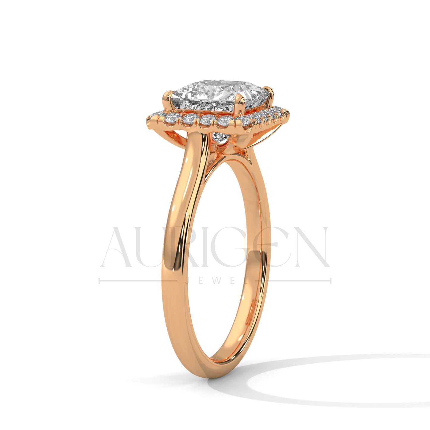 Princess Cut Halo Engagement Ring with Round Diamonds in 14K Solid Gold