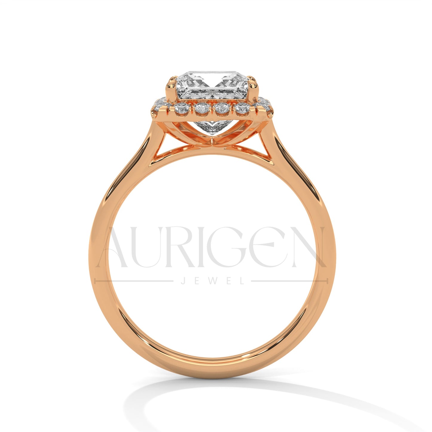 Princess Cut Halo Engagement Ring with Round Diamonds in 14K Solid Gold