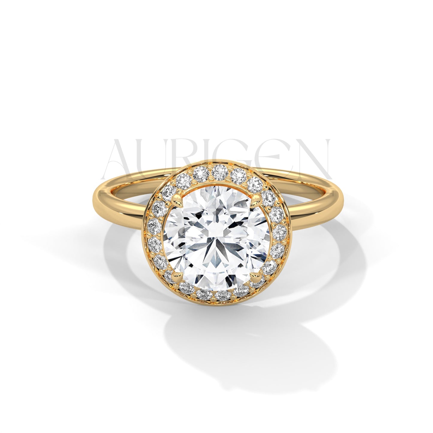 Round Cut Halo Engagement Ring with Pave Diamond Accents in 14K Solid Gold