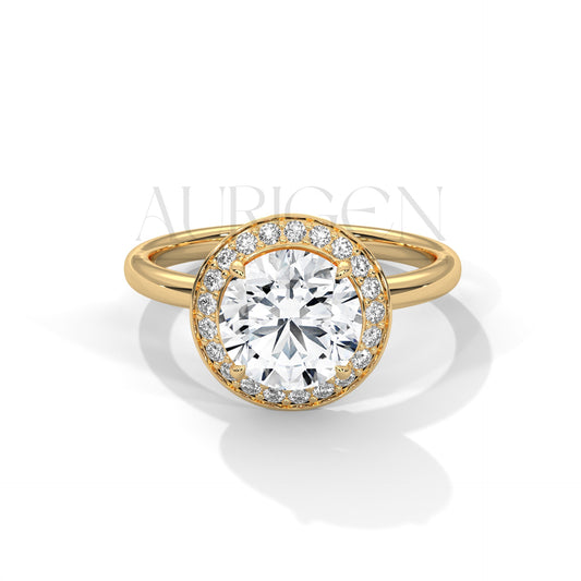 Round Cut Halo Engagement Ring with Pave Diamond Accents in 14K Solid Gold