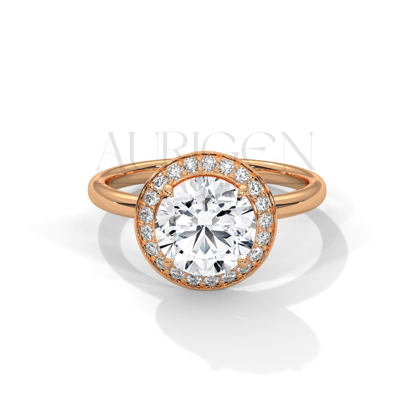 Round Cut Halo Engagement Ring with Pave Diamond Accents in 14K Solid Gold