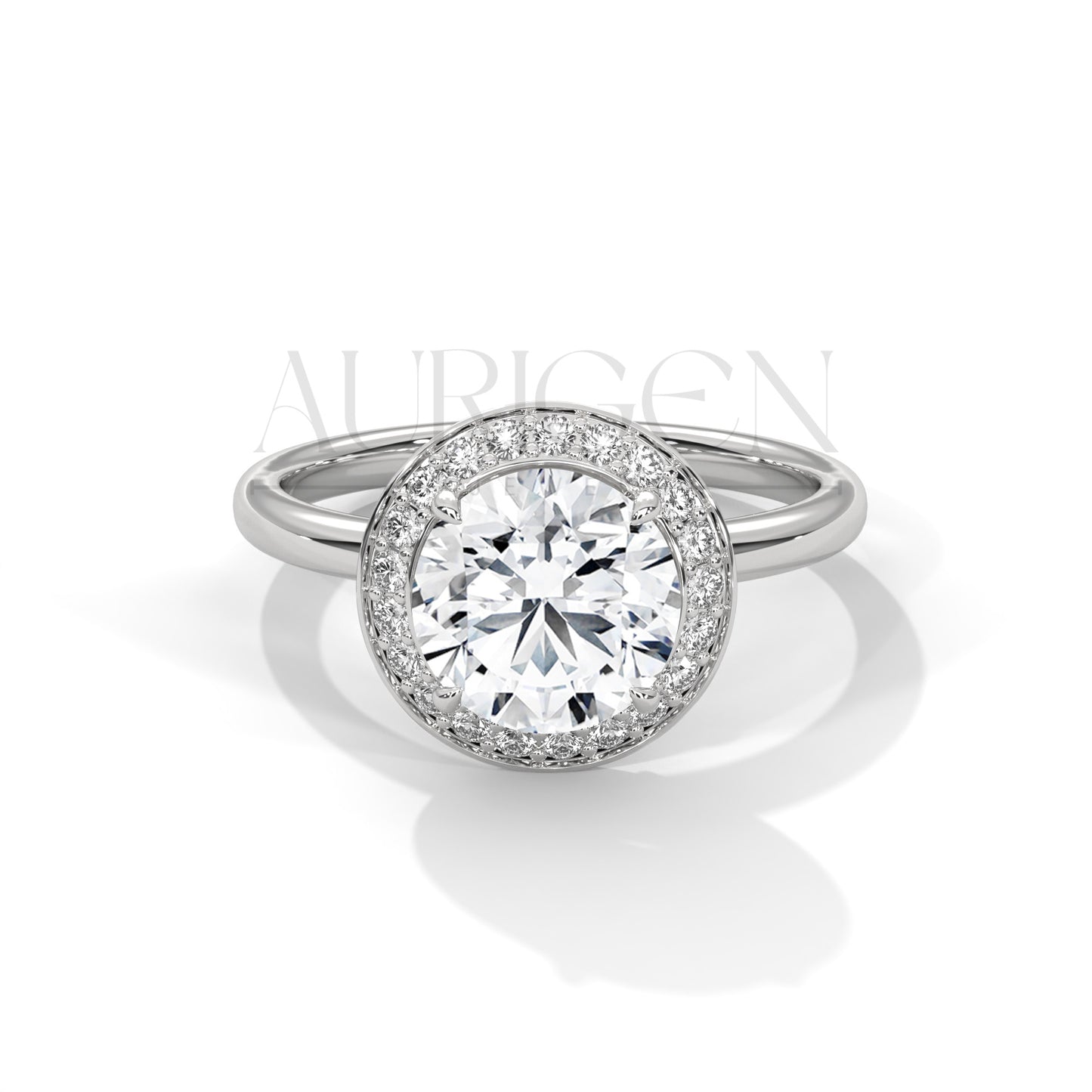 Round Cut Halo Engagement Ring with Pave Diamond Accents in 14K Solid Gold