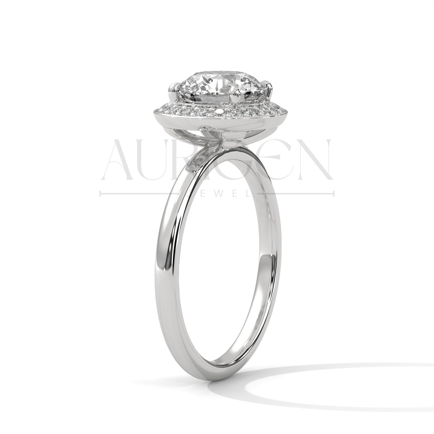 Round Cut Halo Engagement Ring with Pave Diamond Accents in 14K Solid Gold