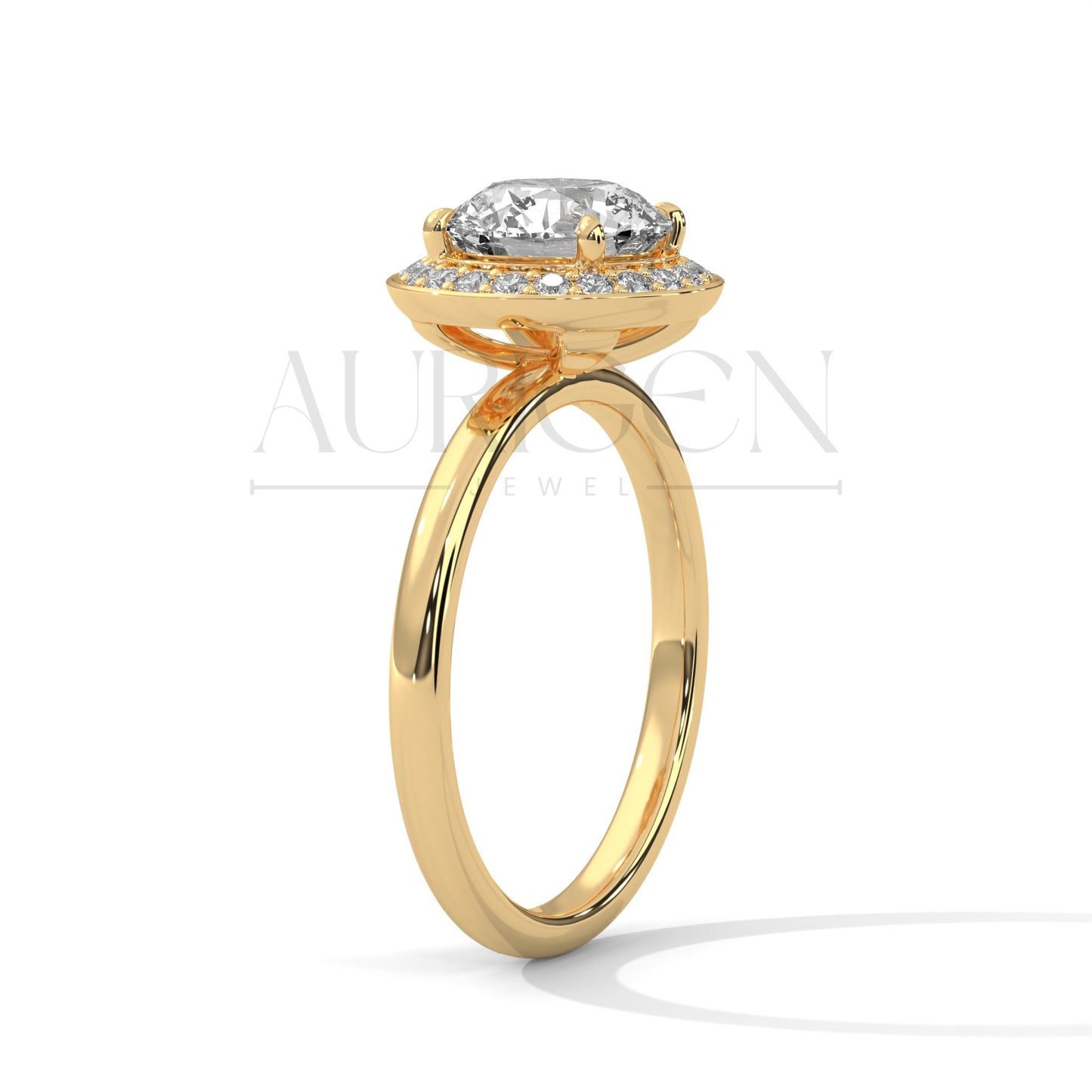 Round Cut Halo Engagement Ring with Pave Diamond Accents in 14K Solid Gold