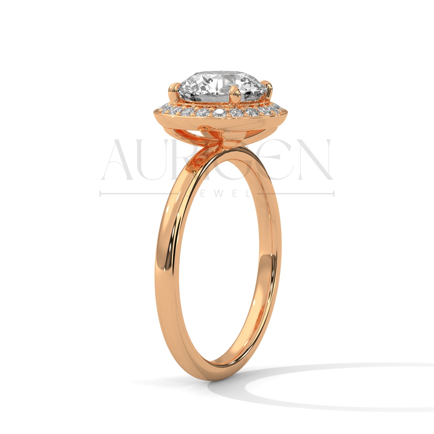 Round Cut Halo Engagement Ring with Pave Diamond Accents in 14K Solid Gold