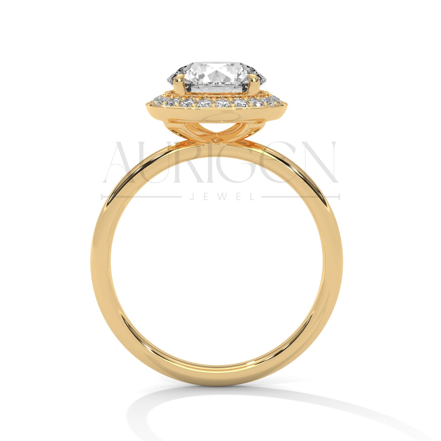 Round Cut Halo Engagement Ring with Pave Diamond Accents in 14K Solid Gold