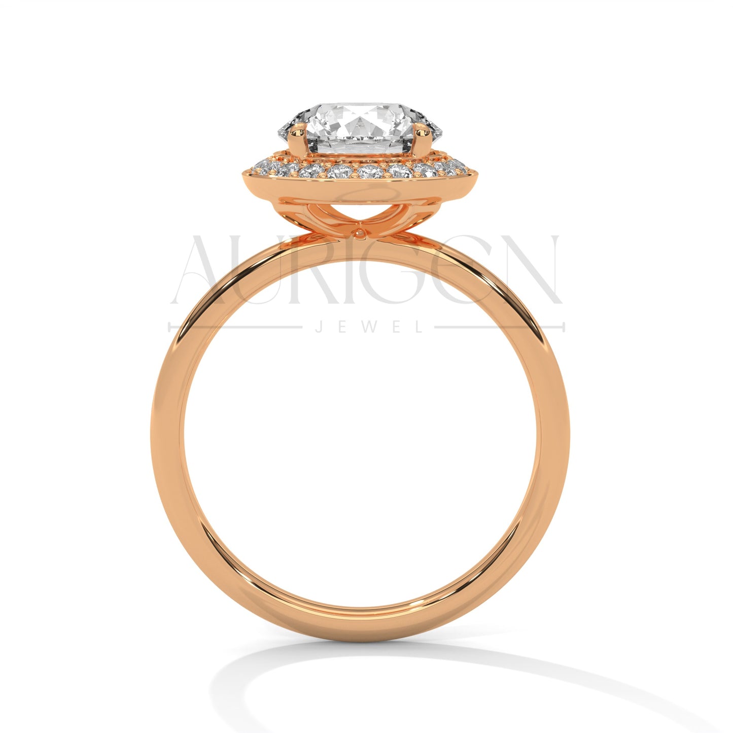 Round Cut Halo Engagement Ring with Pave Diamond Accents in 14K Solid Gold