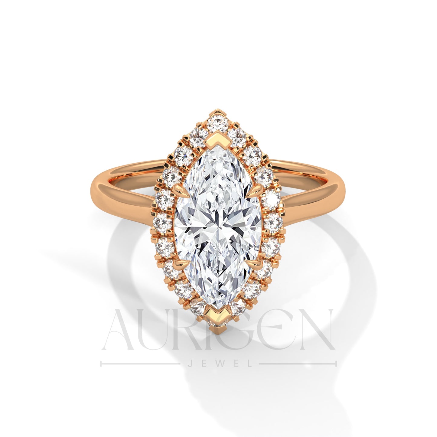 14K Solid Gold Marquise Engagement Ring with Diamond Halo