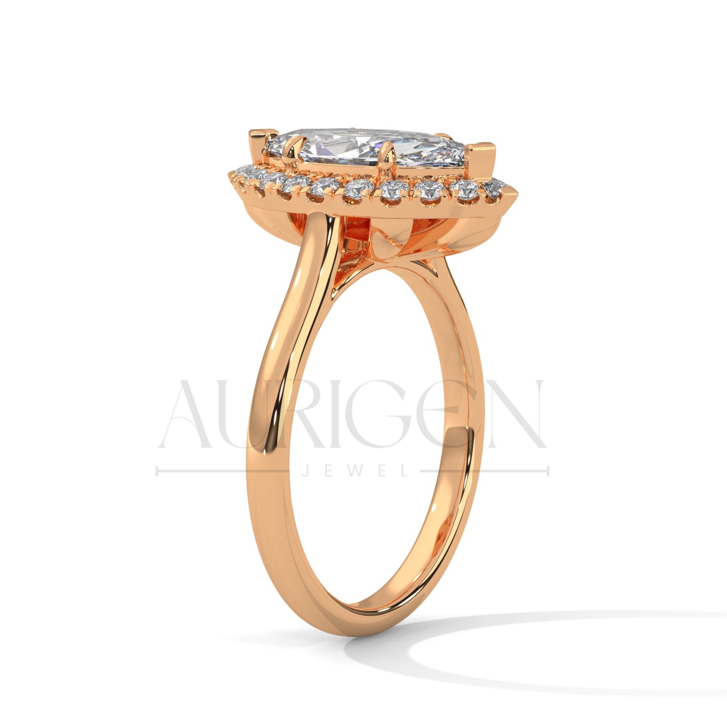 14K Solid Gold Marquise Engagement Ring with Diamond Halo