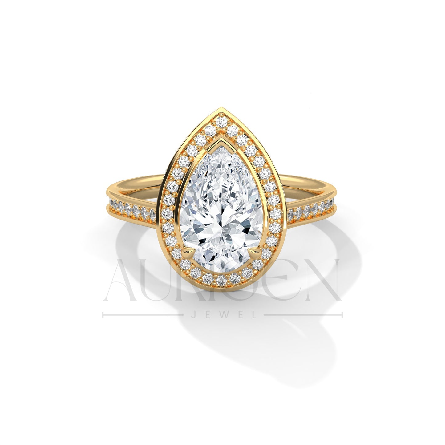 Pear-Shaped Halo Diamond Engagement Ring in 14K Solid Gold with Pave Band