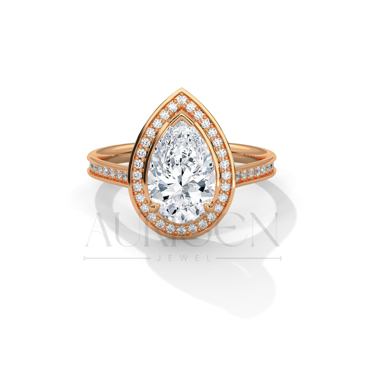 Pear-Shaped Halo Diamond Engagement Ring in 14K Solid Gold with Pave Band