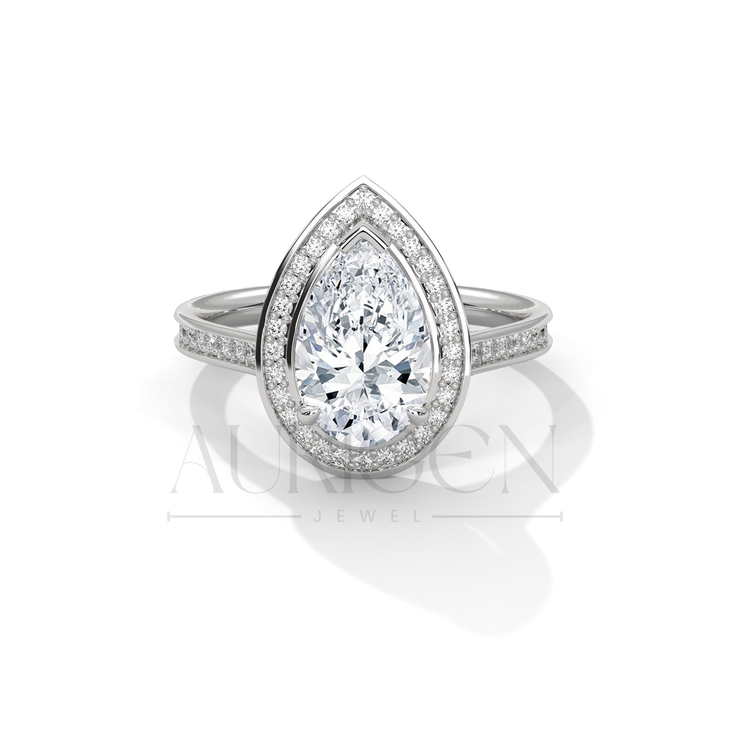 Pear-Shaped Halo Diamond Engagement Ring in 14K Solid Gold with Pave Band