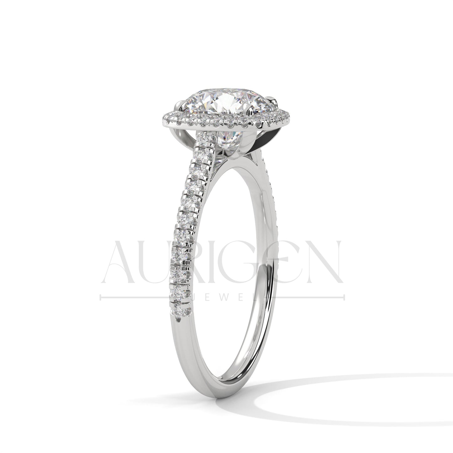 Round Brilliant Diamond Halo Engagement Ring in 14K Solid Gold with Pave Band