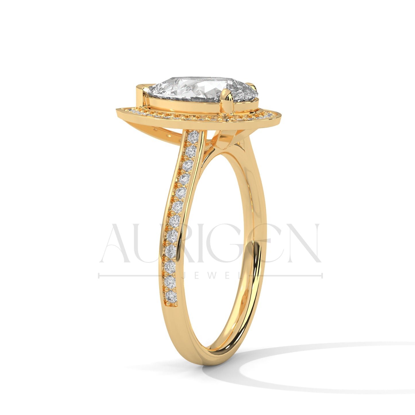 Pear-Shaped Halo Diamond Engagement Ring in 14K Solid Gold with Pave Band