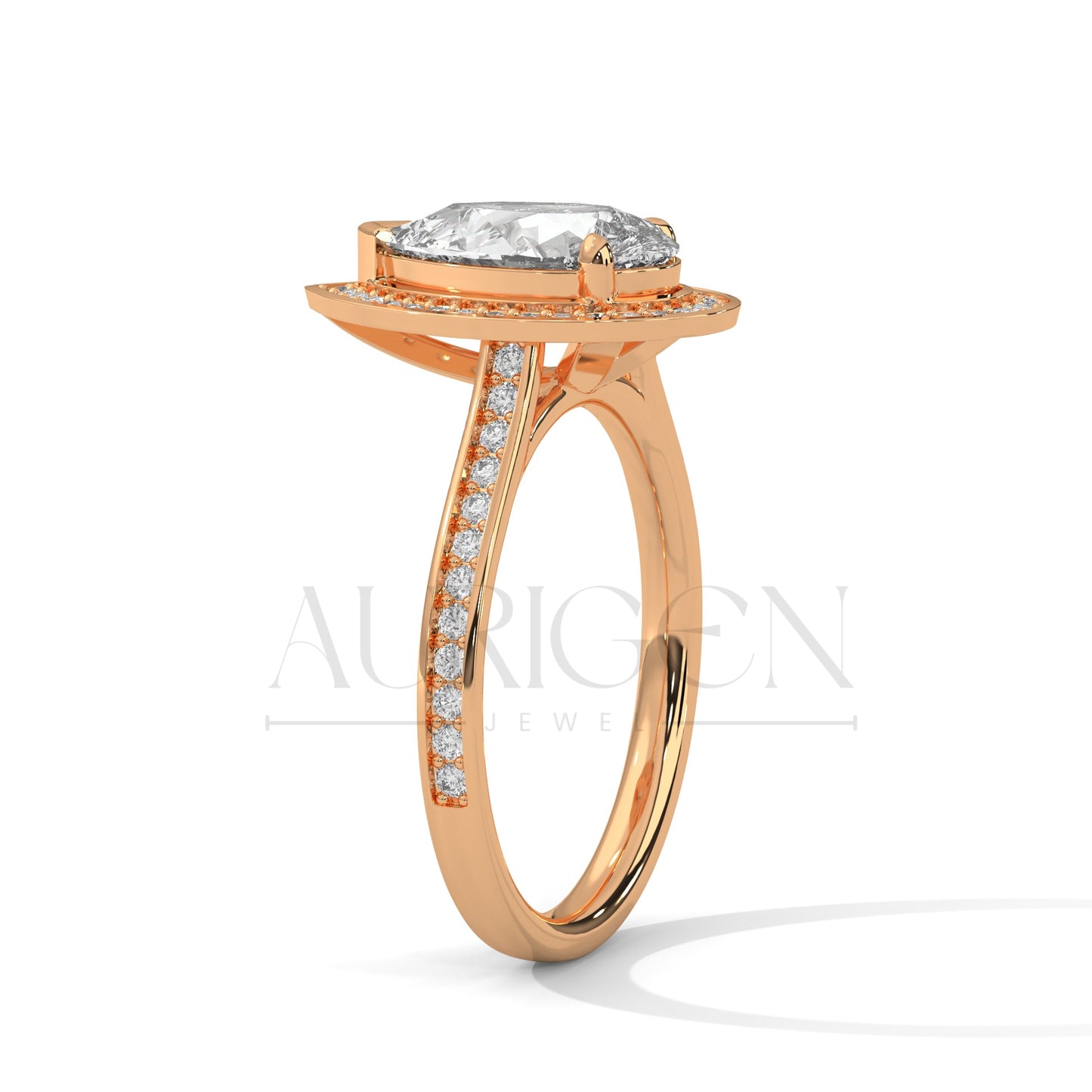 Pear-Shaped Halo Diamond Engagement Ring in 14K Solid Gold with Pave Band