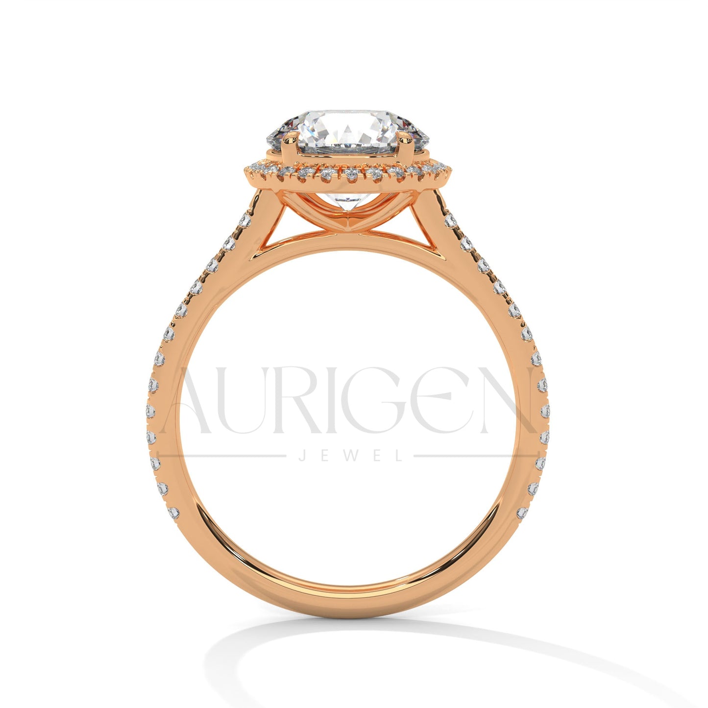 14K Solid Gold Round Brilliant Cut Diamond Ring with Halo and Pave Setting
