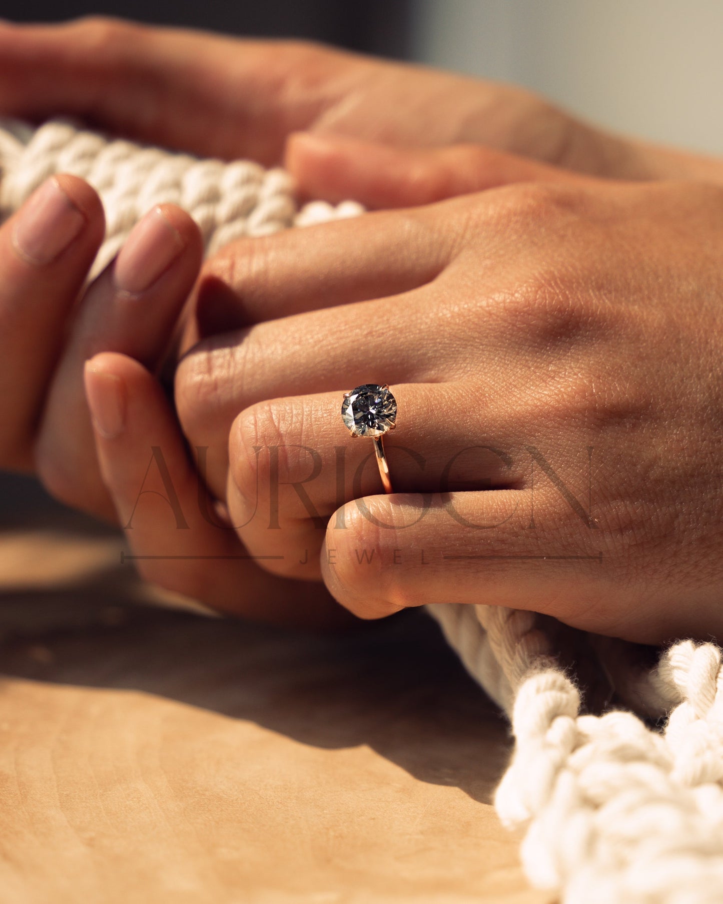 Round Cut Moissanite and Leb Grown Engagement Ring Hidden Halo with 4 Prongs in 14k Rose Gold