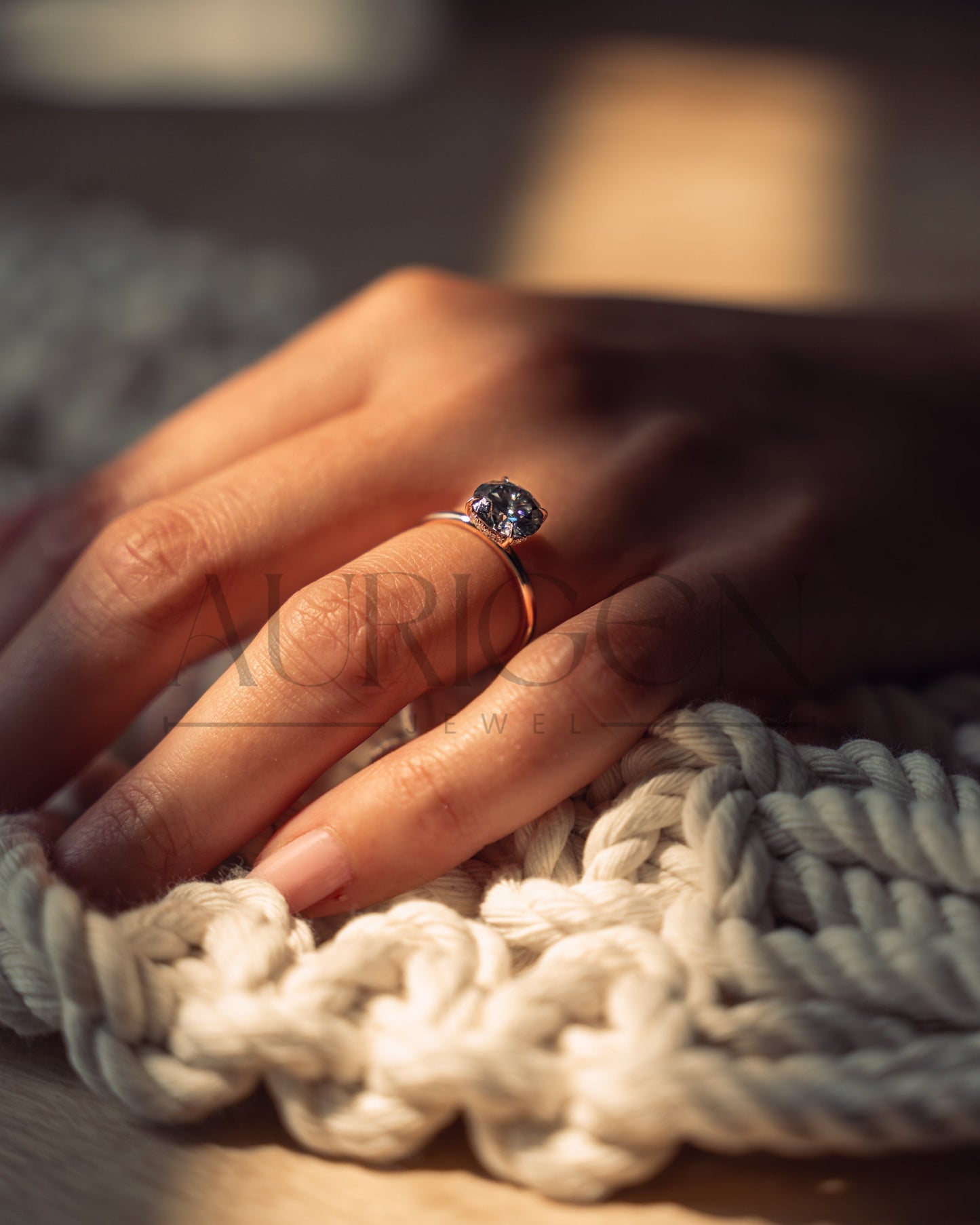 Round Cut Moissanite and Leb Grown Engagement Ring Hidden Halo with 4 Prongs in 14k Rose Gold