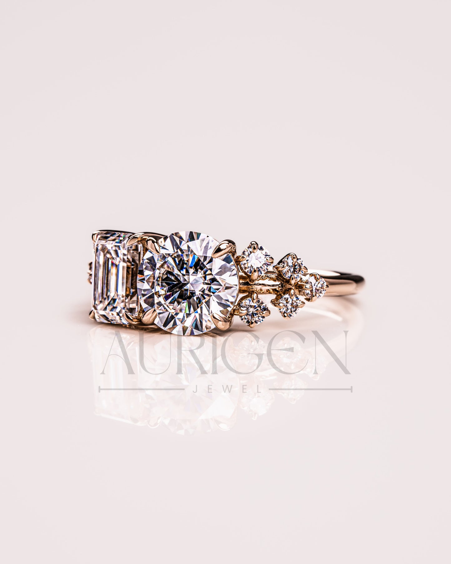 Round and Emerald Cut Moissanite & Lab Grown Diamond Cluster Ring in 14K Solid Gold