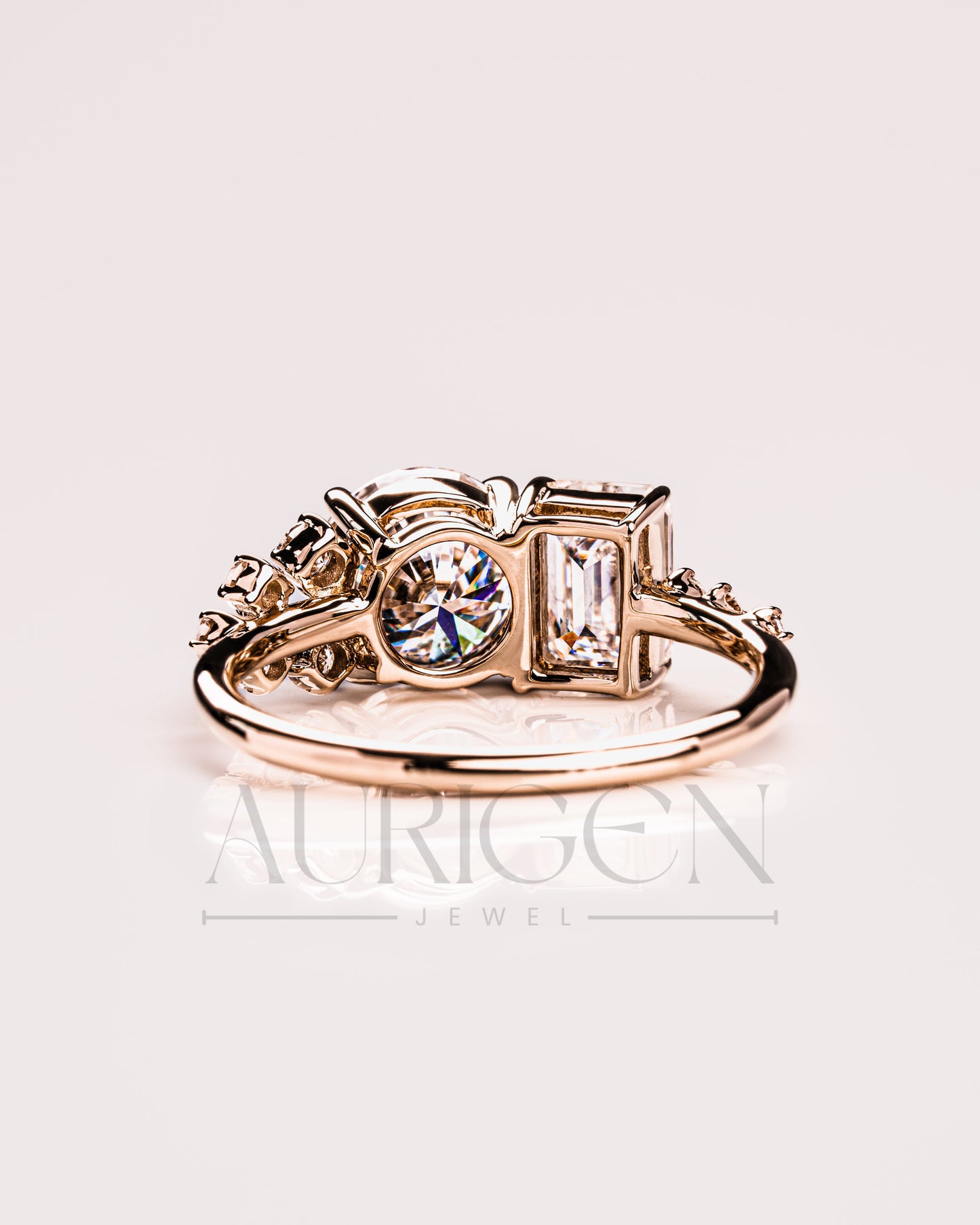 Round and Emerald Cut Moissanite & Lab Grown Diamond Cluster Ring in 14K Solid Gold