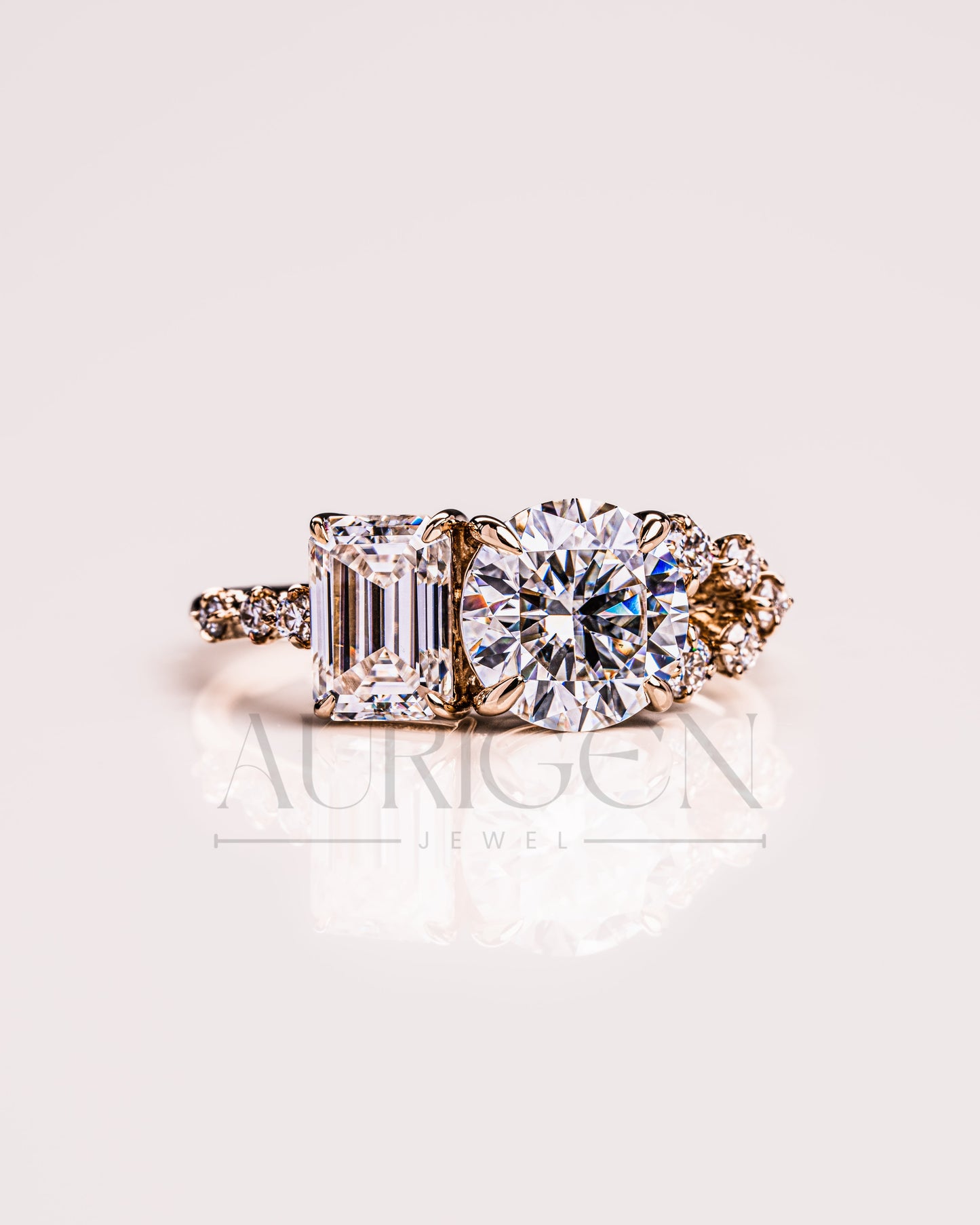 Round and Emerald Cut Moissanite & Lab Grown Diamond Cluster Ring in 14K Solid Gold