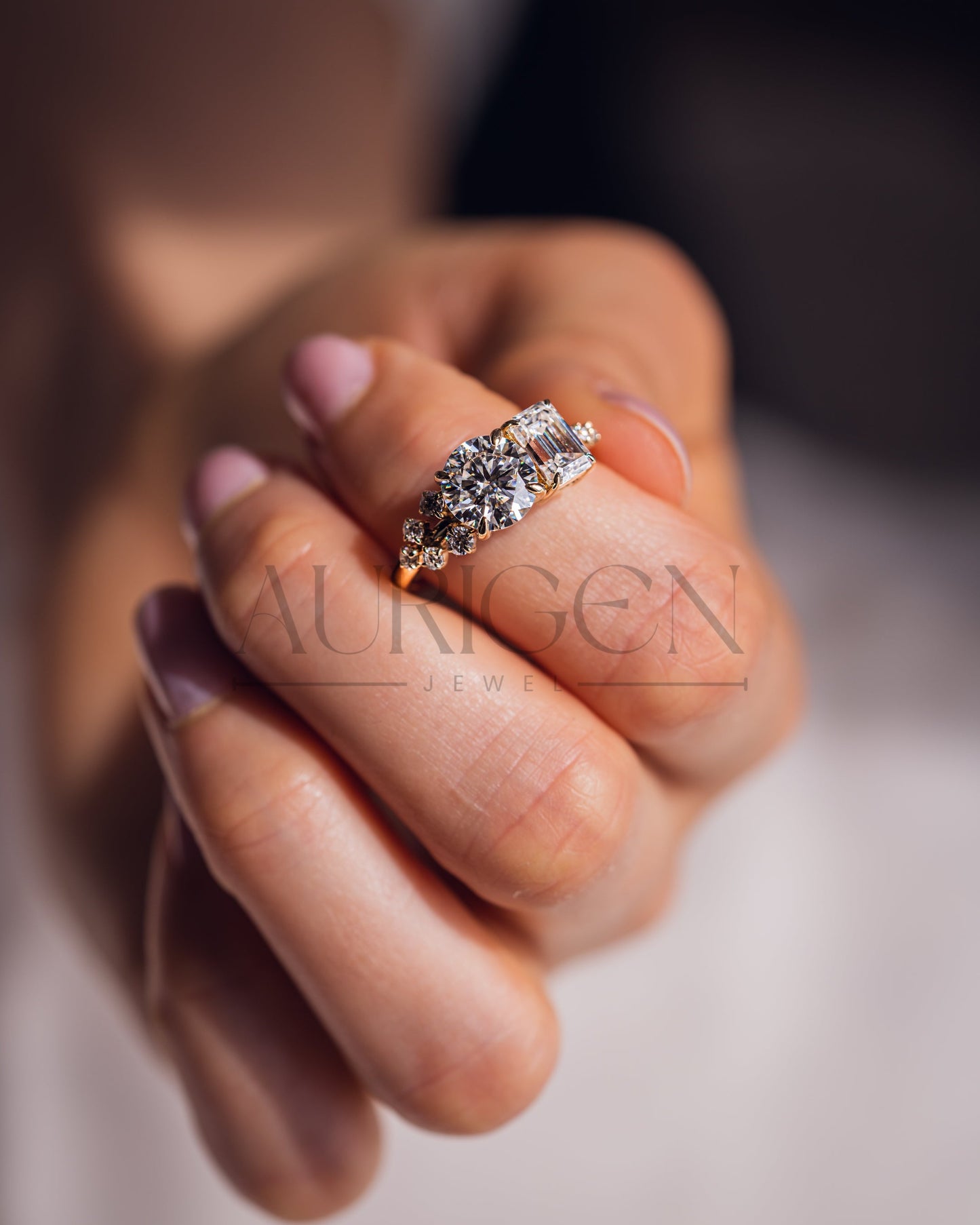 Round and Emerald Cut Moissanite & Lab Grown Diamond Cluster Ring in 14K Solid Gold