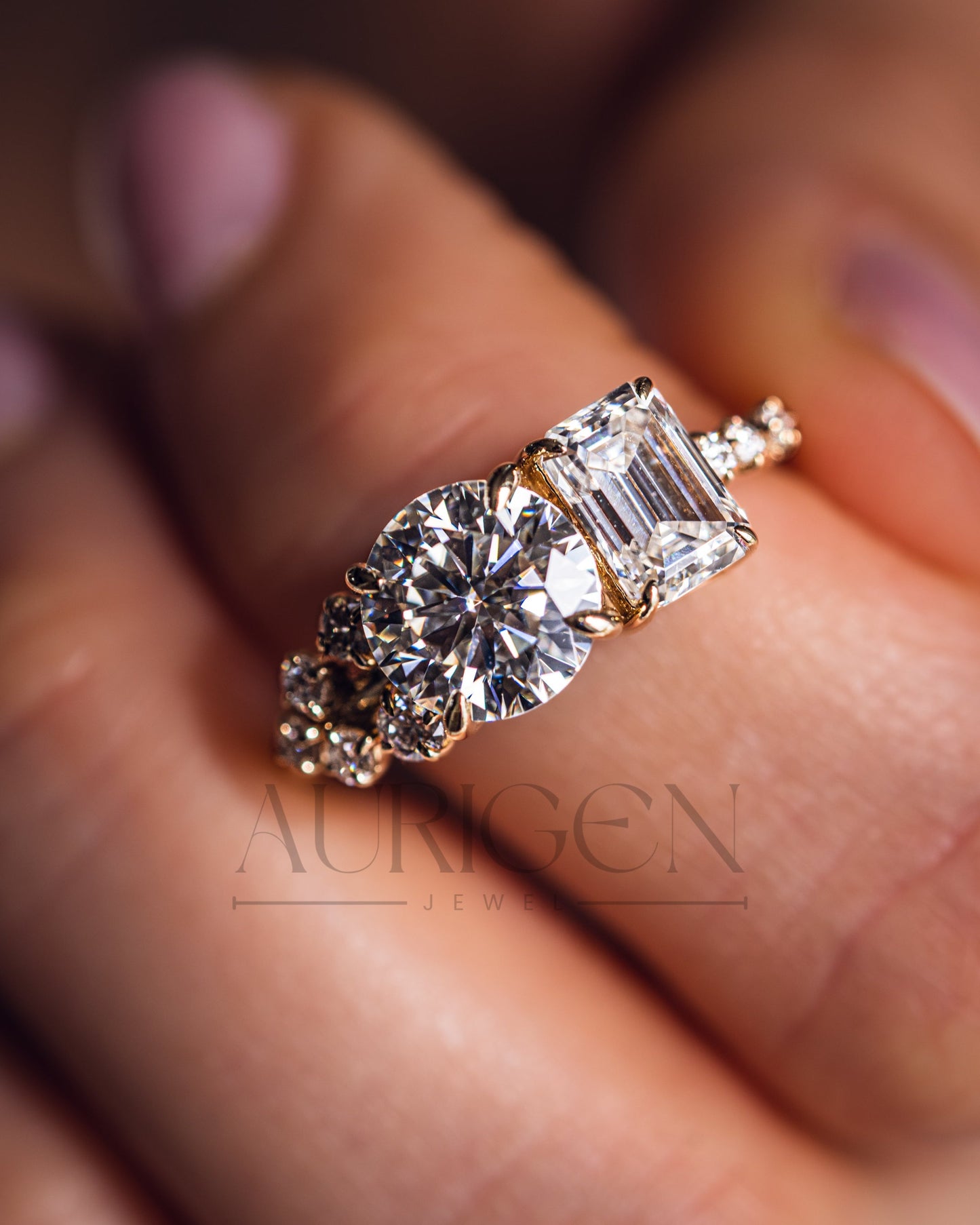 Round and Emerald Cut Moissanite & Lab Grown Diamond Cluster Ring in 14K Solid Gold