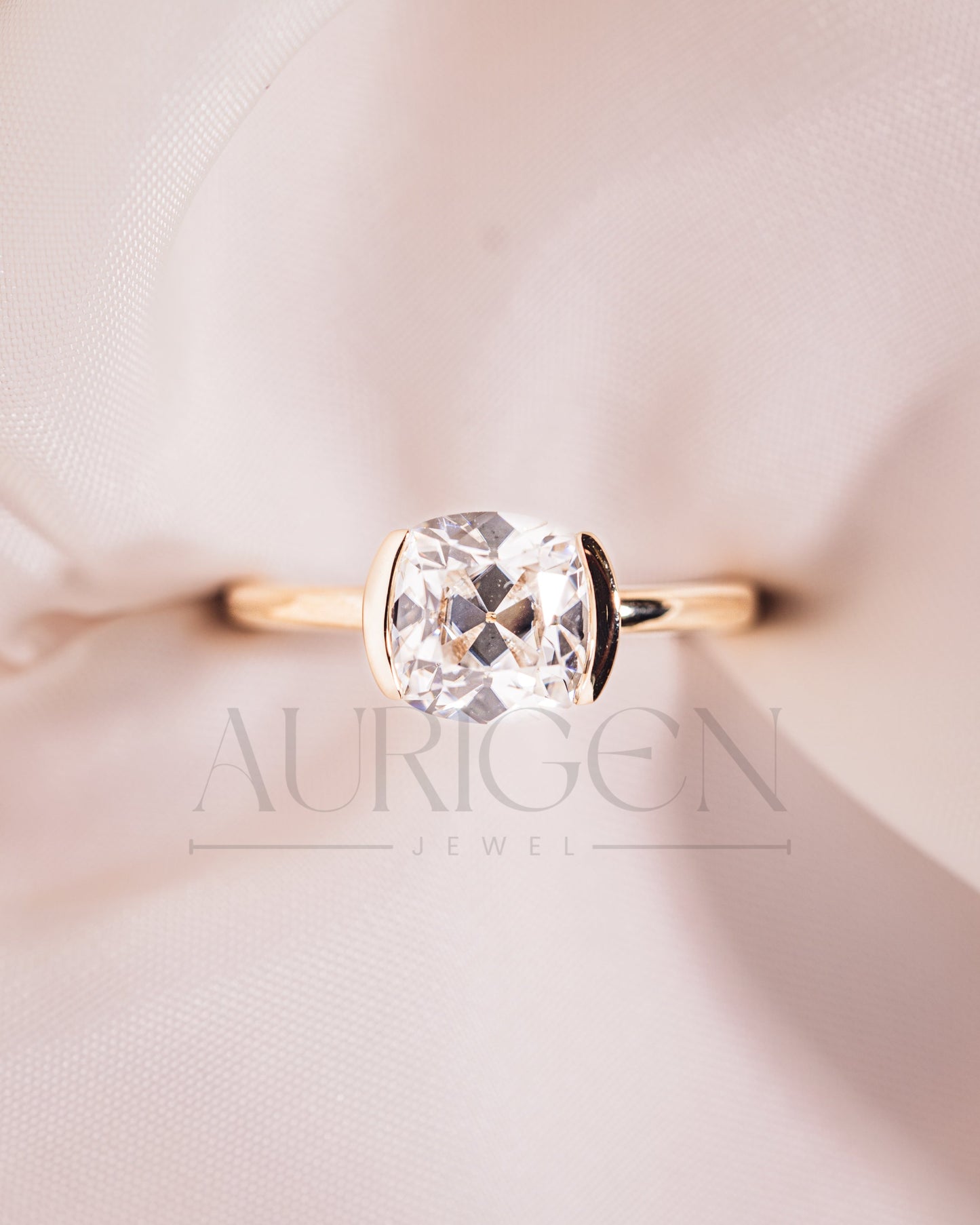 Attractive Cushion Cut Moissanite and Lab Grown Diamond Ring With Half Bezel Setting