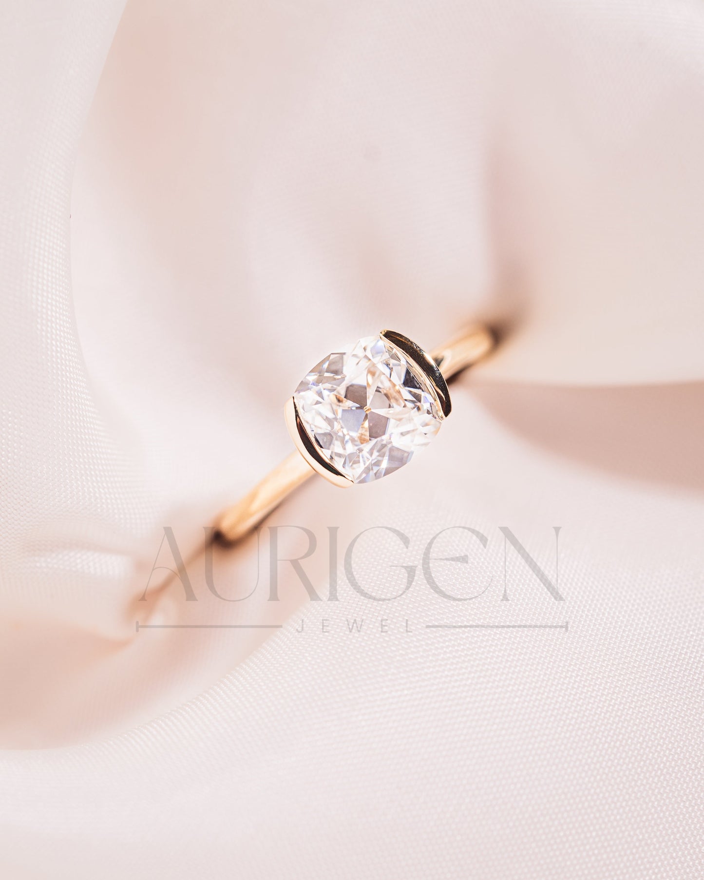 Attractive Cushion Cut Moissanite and Lab Grown Diamond Ring With Half Bezel Setting