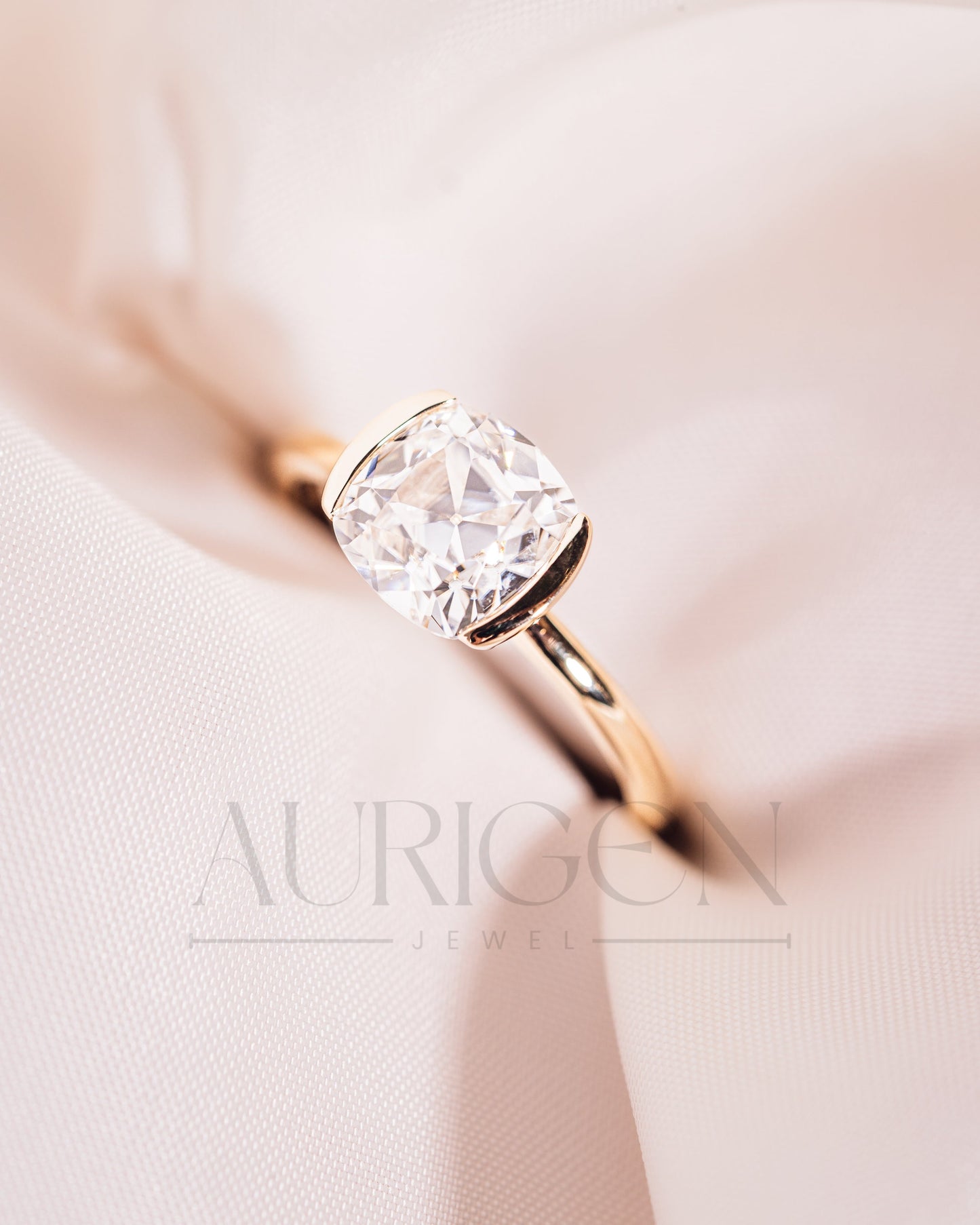 Attractive Cushion Cut Moissanite and Lab Grown Diamond Ring With Half Bezel Setting