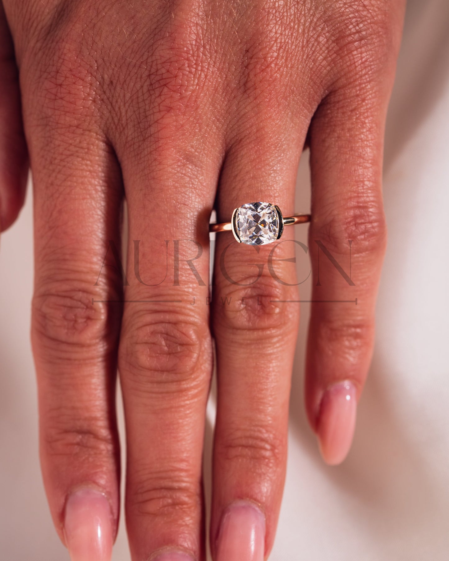 Attractive Cushion Cut Moissanite and Lab Grown Diamond Ring With Half Bezel Setting