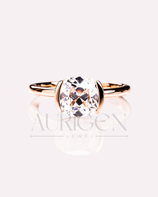 Attractive Cushion Cut Moissanite and Lab Grown Diamond Ring With Half Bezel Setting