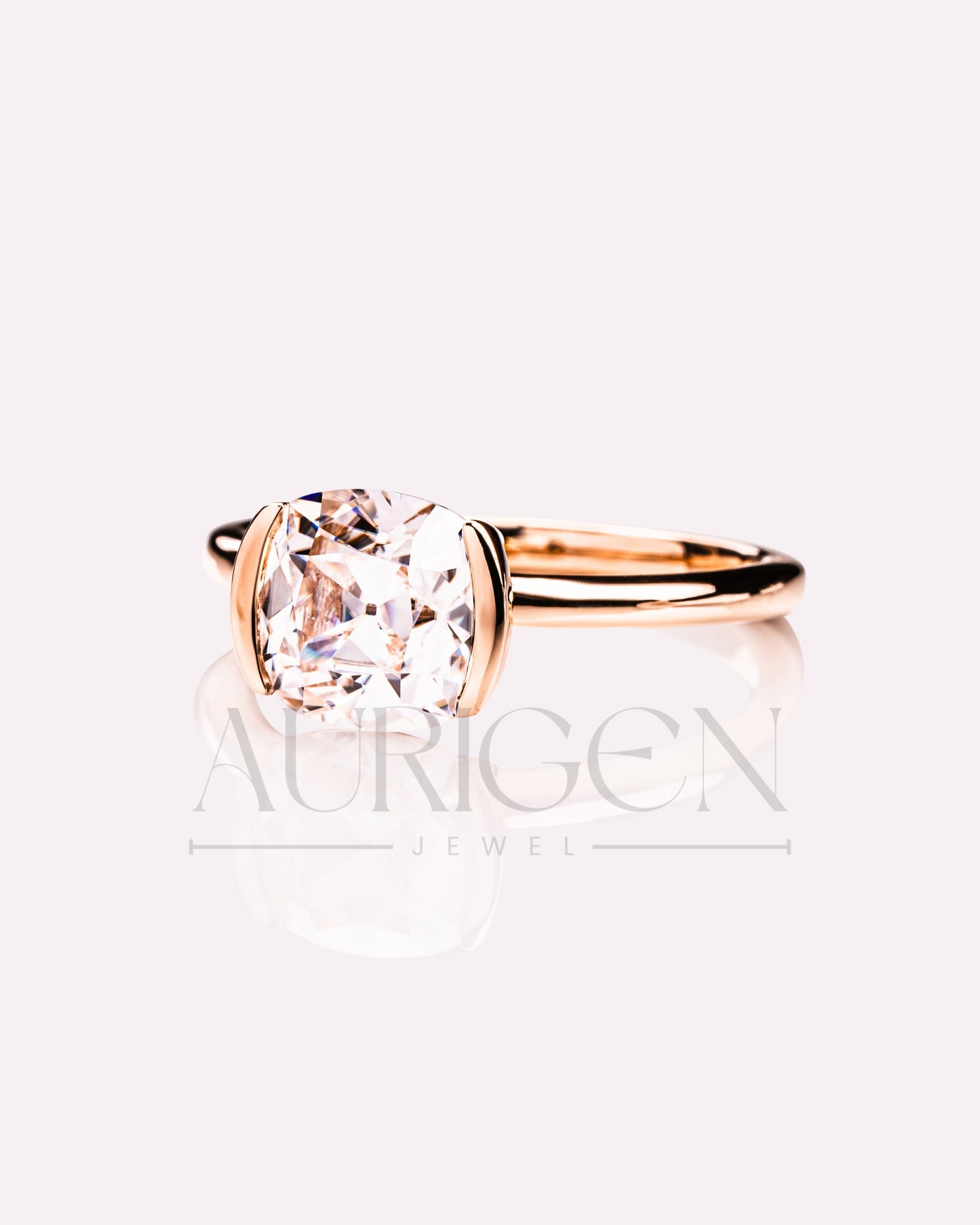Attractive Cushion Cut Moissanite and Lab Grown Diamond Ring With Half Bezel Setting